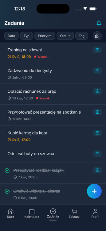 Lista zadań — tryb ciemny
