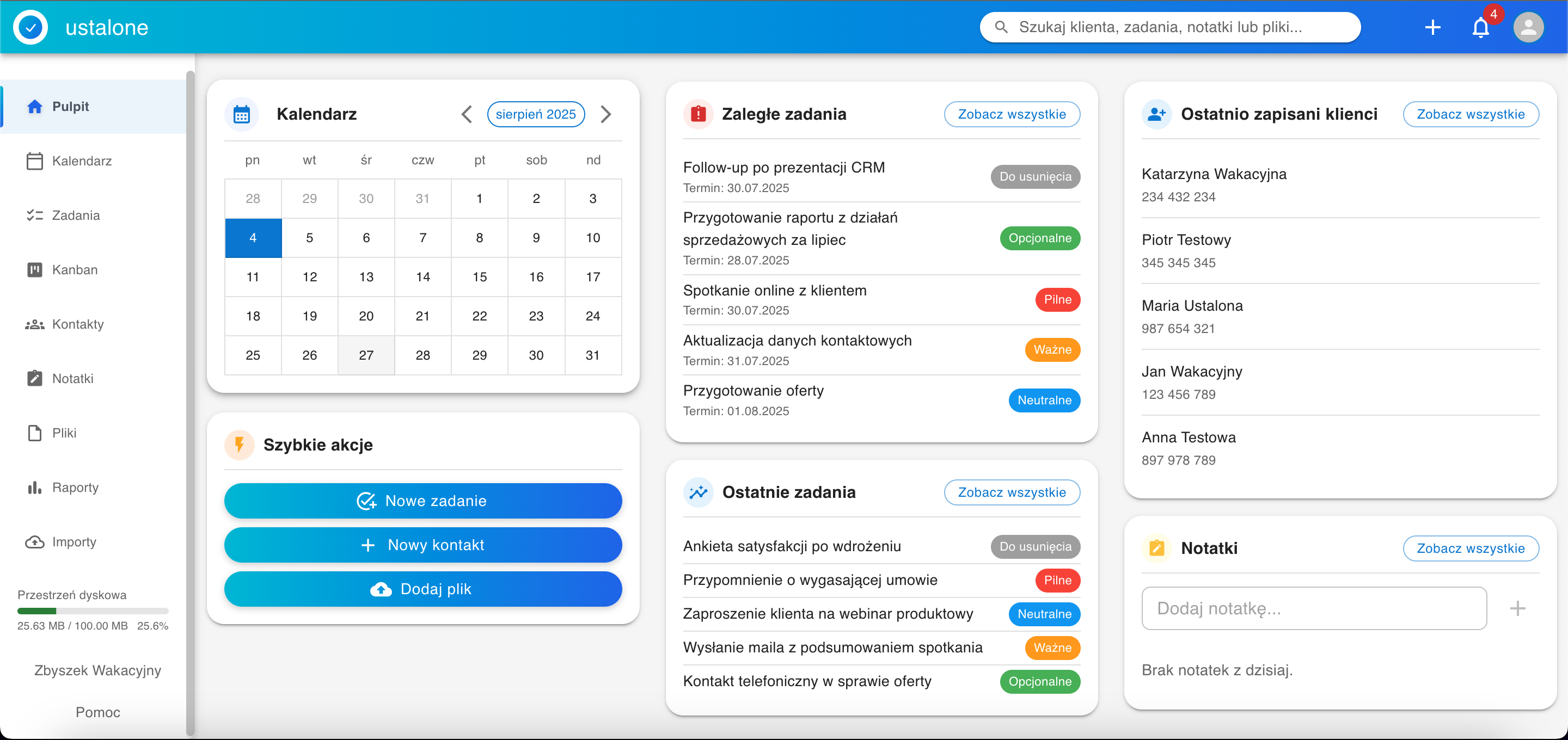 Dashboard CRM Ustalone - interfejs systemu zarządzania relacjami z klientami